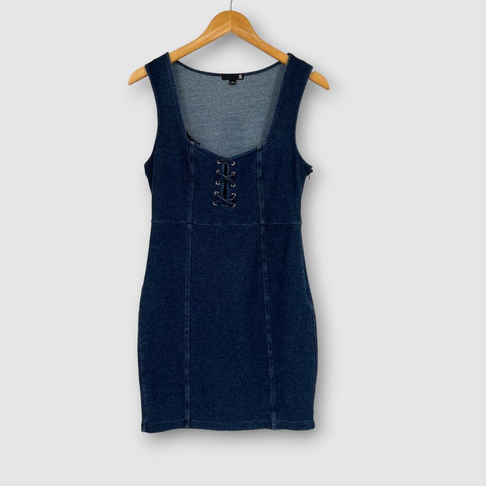 GUESS Denim Lace Up Mini Dress Blue Sleeveless Stretch Bodycon Women’s Medium